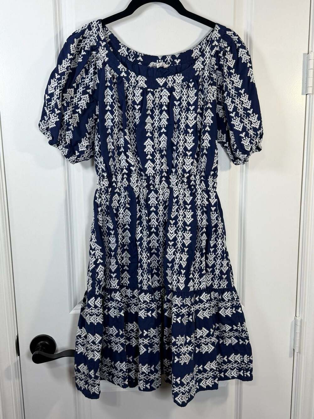 A Loves A Navy Blue Embroidered Cotton Tiered Mini Dress Size S
